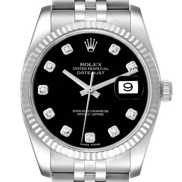 Rolex Datejust Steel White Gold Black Diamond Dial Mens Watch 116234