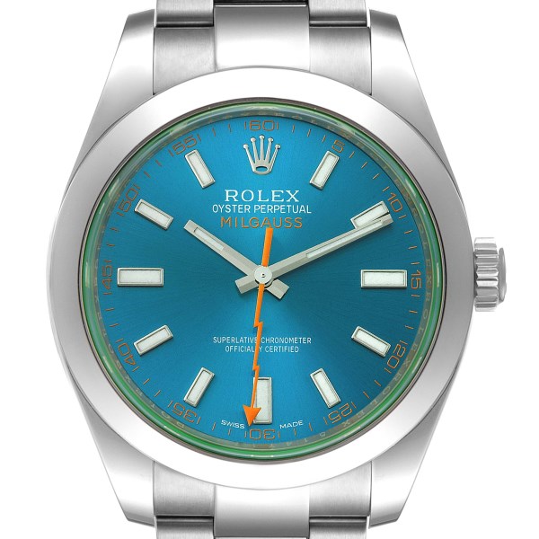 Rolex Milgauss Blue Dial Green Crystal Steel Mens Watch 116400GV Box Card
