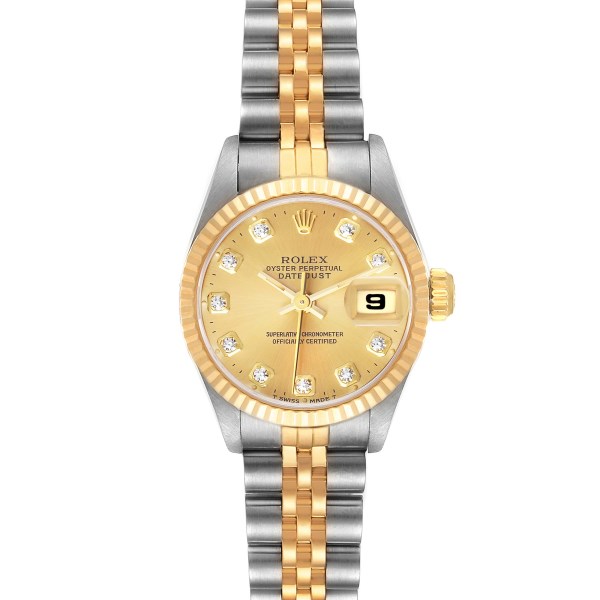 Rolex Datejust Steel Yellow Gold Champagne Diamond Dial Ladies Watch 69173