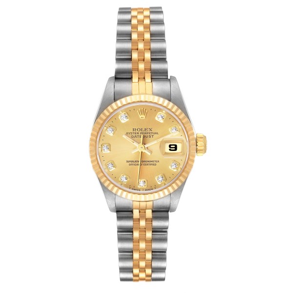 Rolex Datejust Steel Yellow Gold Champagne Diamond Dial Ladies Watch 69173