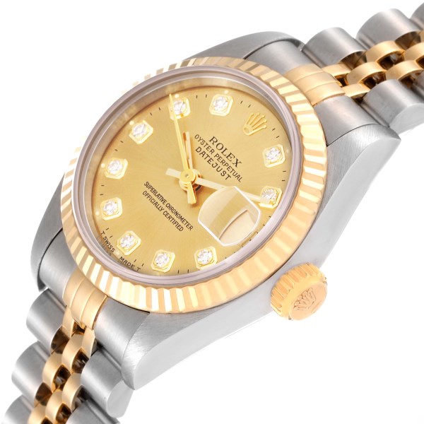 Rolex Datejust Steel Yellow Gold Champagne Diamond Dial Ladies Watch 69173