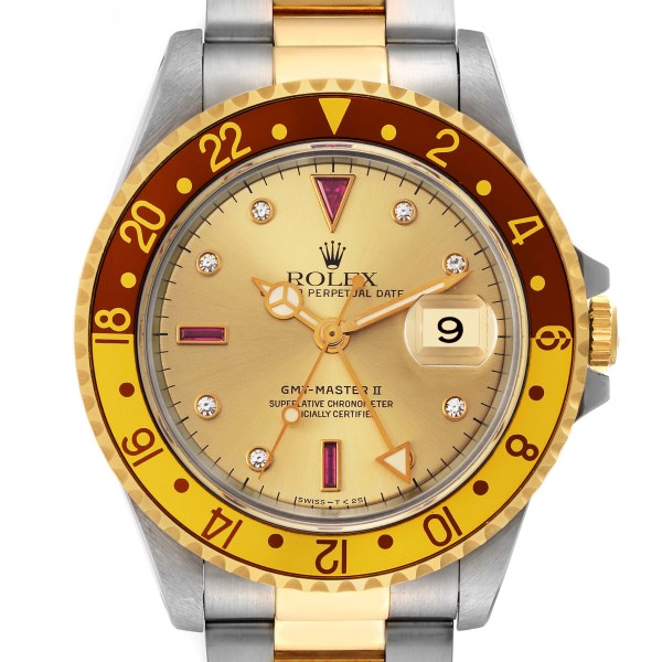 Rolex GMT Master II Root Beer Diamond Ruby Serti Dial Steel Yellow Gold Mens Watch 16713