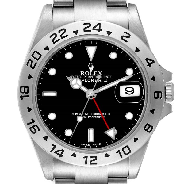 Rolex Explorer II GMT 40mm Black Dial Red Hand Steel Mens Watch 16570