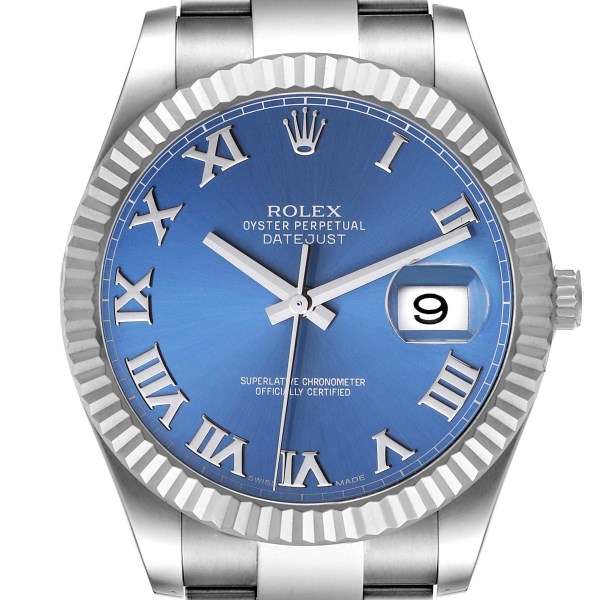 Rolex Datejust II Steel White Gold Blue Roman Dial Mens Watch 116334 Box Card