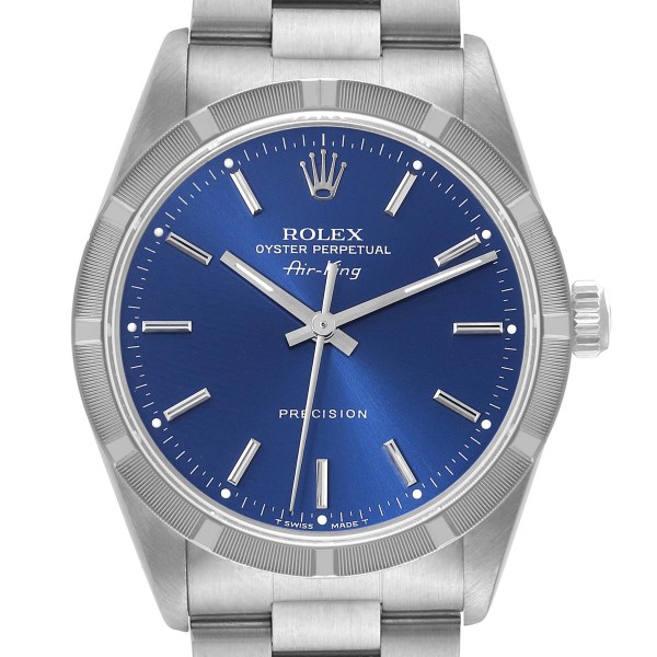 Rolex Air King Blue Dial Engine Turned Bezel Steel Mens Watch 14010