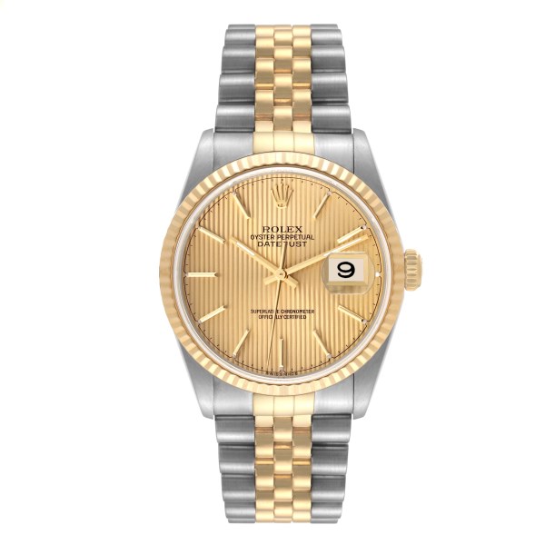 Rolex Datejust Steel Yellow Gold Champagne Tapestry Dial Mens Watch 16233