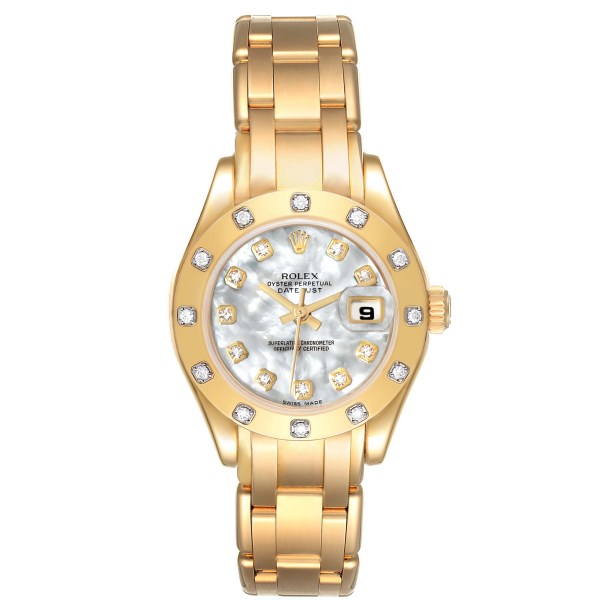 Rolex Pearlmaster Yellow Gold Mother of Pearl Diamond Ladies Watch 80318