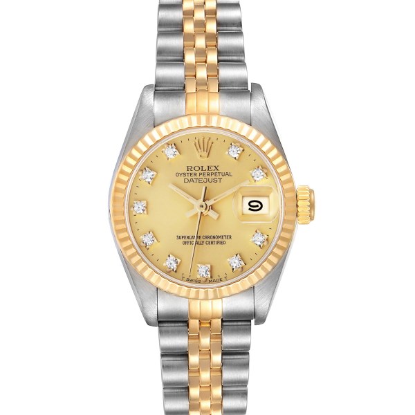 Rolex Datejust Steel Yellow Gold Champagne Diamond Dial Ladies Watch 69173