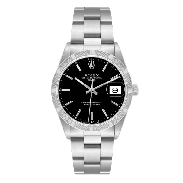 Rolex Date Black Dial Engine Turned Bezel Steel Mens Watch 15210