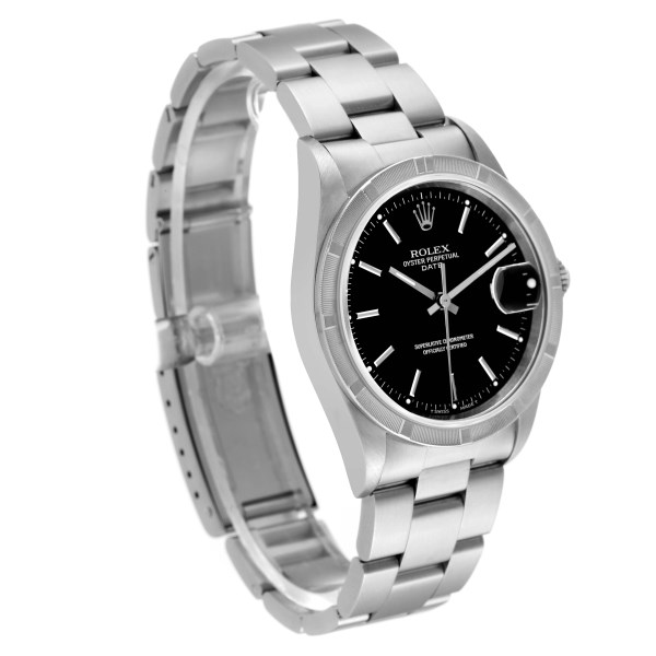 Rolex Date Black Dial Engine Turned Bezel Steel Mens Watch 15210