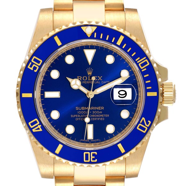 Rolex Submariner Yellow Gold Blue Dial Ceramic Bezel Mens Watch 116618