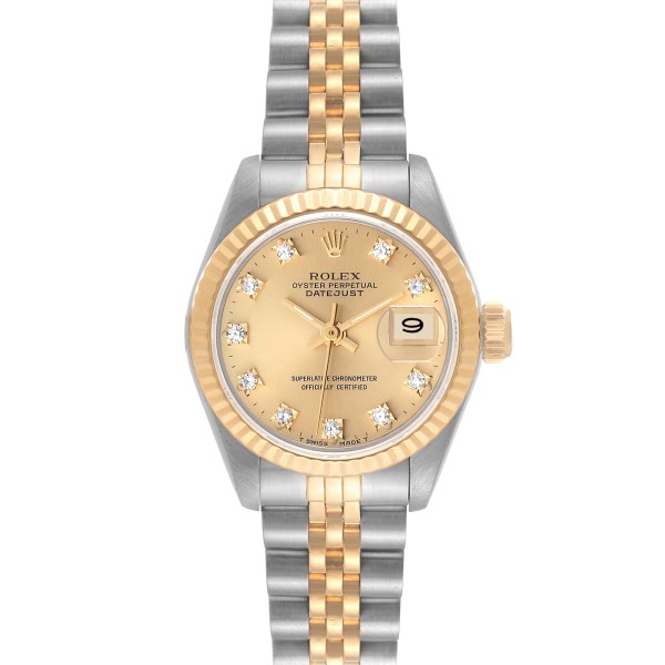Rolex Datejust Steel Yellow Gold Champagne Diamond Dial Ladies Watch 69173