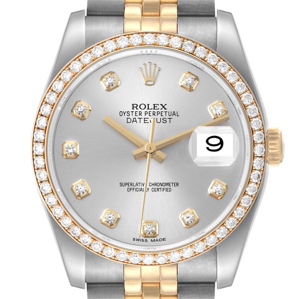 Rolex Datejust 36 Steel Yellow Gold Silver Dial Diamond Bezel Mens Watch 116243
