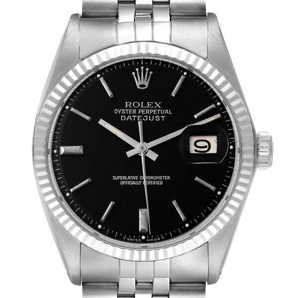 Rolex Datejust Steel White Gold Black Dial Vintage Mens Watch 1601