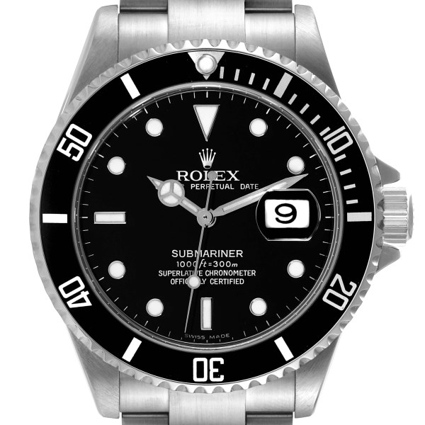 Rolex Submariner Date Black Dial Steel Mens Watch 16610 Box Papers