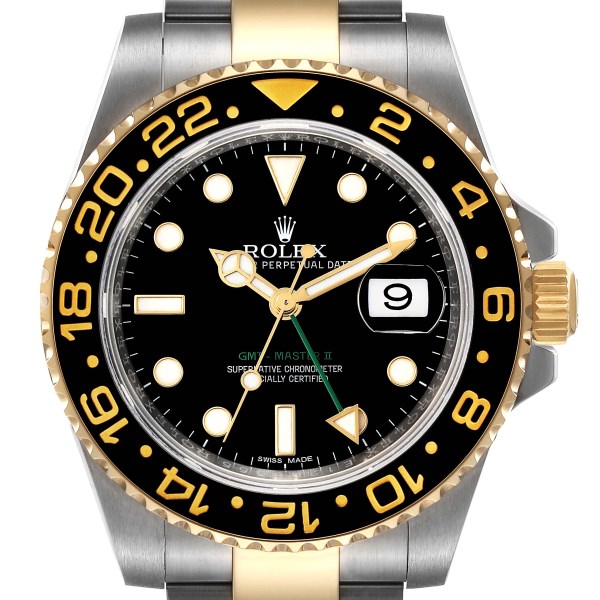 Rolex GMT Master II Yellow Gold Steel Black Dial Mens Watch 116713 Box Card