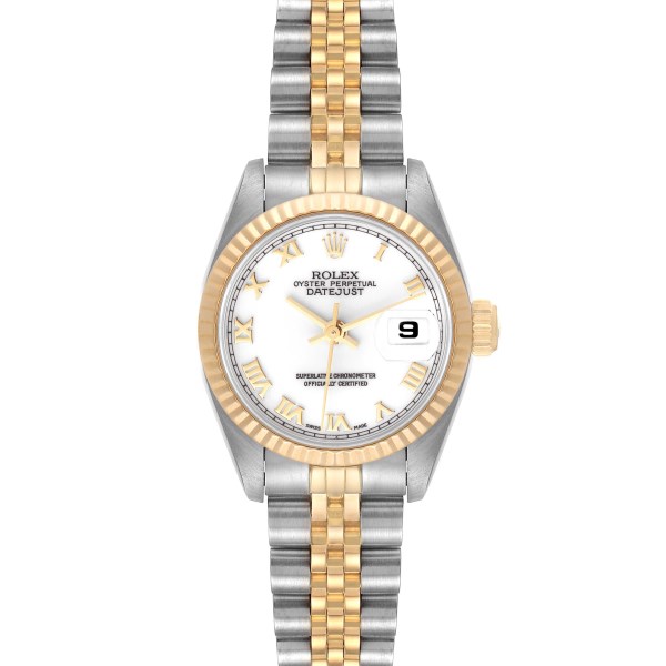 Rolex Datejust Steel Yellow Gold White Roman Dial Ladies Watch 69173 Papers