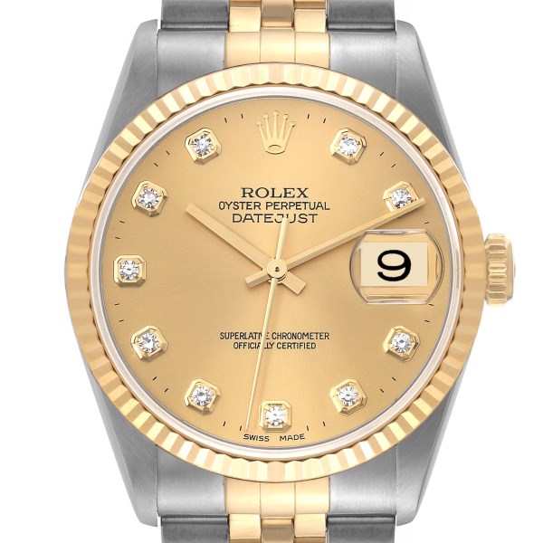 Rolex Datejust Steel Yellow Gold Champagne Diamond Dial Mens Watch 16233