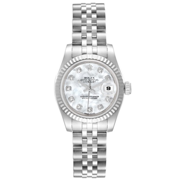 Rolex Datejust Steel White Gold Mother of Pearl Diamond Ladies Watch 179174 Box Card