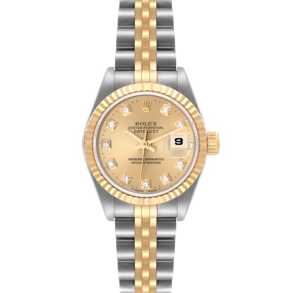 Rolex Datejust Steel Yellow Gold Champagne Diamond Dial Ladies Watch 69173