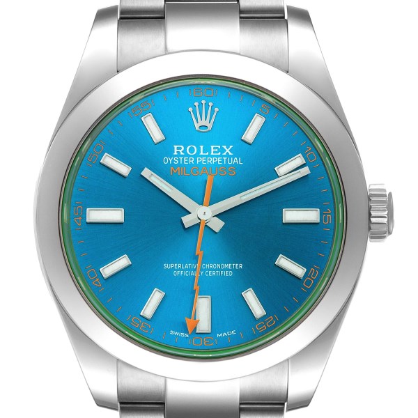 Rolex Milgauss Blue Dial Green Crystal Steel Mens Watch 116400GV Unworn