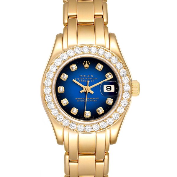 Rolex Pearlmaster Yellow Gold Blue Vignette Diamond Ladies Watch 69298