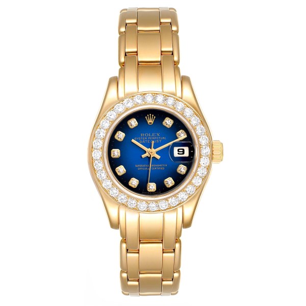 Rolex Pearlmaster Yellow Gold Blue Vignette Diamond Ladies Watch 69298