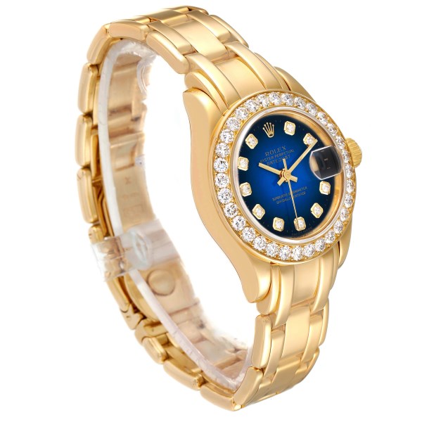 Rolex Pearlmaster Yellow Gold Blue Vignette Diamond Ladies Watch 69298