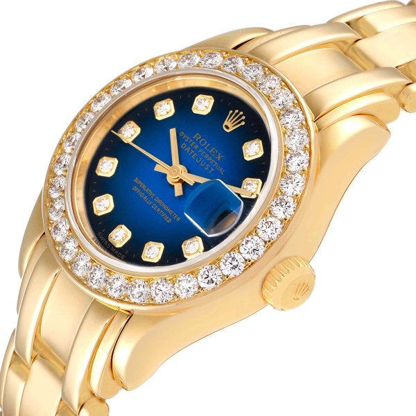 Rolex Pearlmaster Yellow Gold Blue Vignette Diamond Ladies Watch 69298
