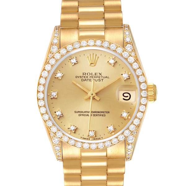 Rolex Datejust President Midsize Yellow Gold Diamond Bezel Ladies Watch 68158