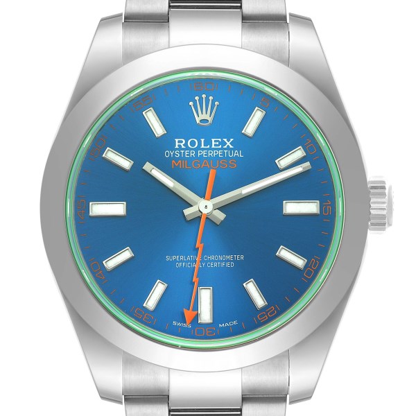 Rolex Milgauss Blue Dial Green Crystal Steel Mens Watch 116400GV Unworn