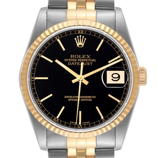 Rolex Datejust Steel Yellow Gold Black Dial Mens Watch 16233 Box Papers