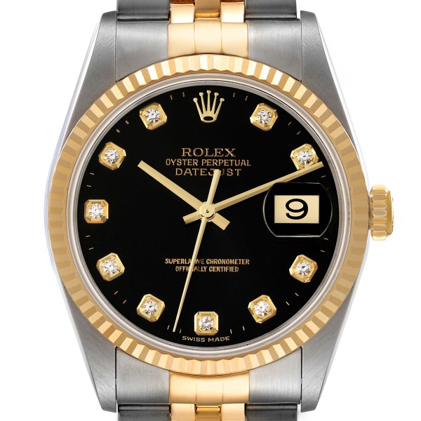 Rolex Datejust Steel Yellow Gold Black Diamond Dial Mens Watch 16233