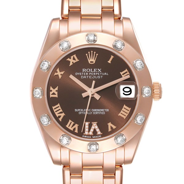 Rolex Pearlmaster 34mm Chocolate Dial Rose Gold Diamond Ladies Watch 81315