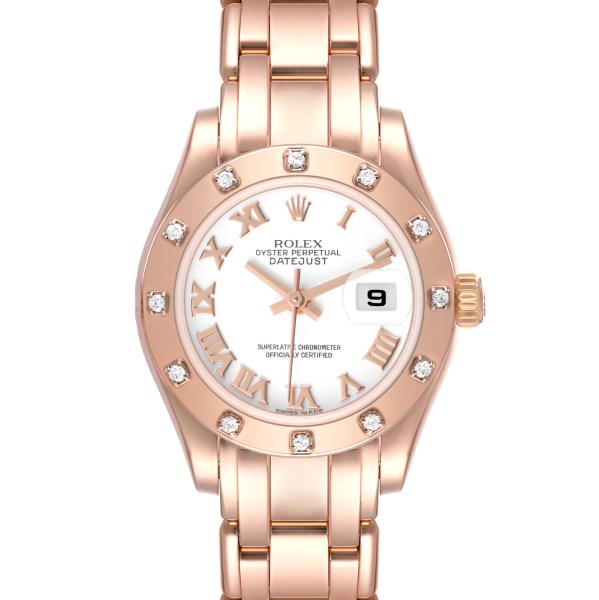 Rolex Pearlmaster Rose Gold White Roman Dial Diamond Ladies Watch 80315 Box Card