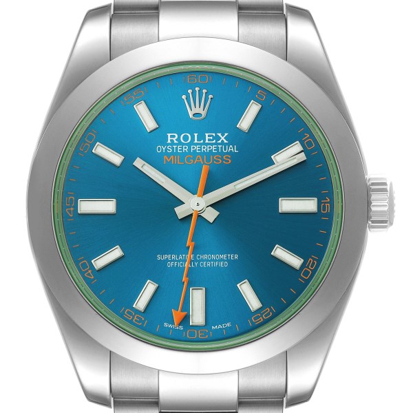 Rolex Milgauss Blue Dial Green Crystal Steel Mens Watch 116400GV Unworn
