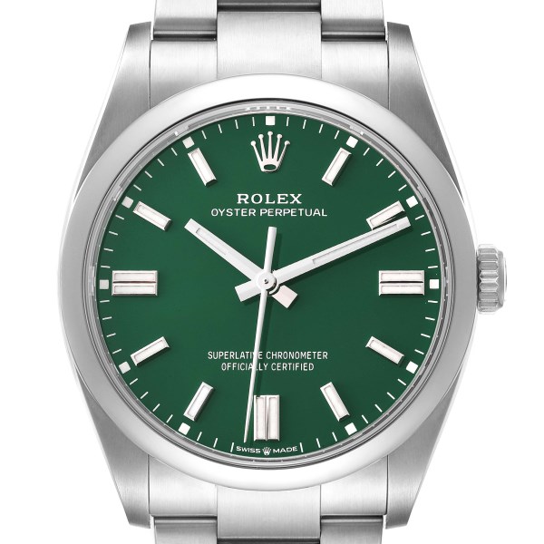 Rolex Oyster Perpetual Green Dial Steel Mens Watch 126000 Unworn