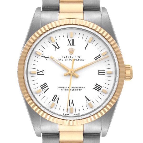 Rolex Oyster Perpetual Steel Yellow Gold White Roman Dial Mens Watch 14233