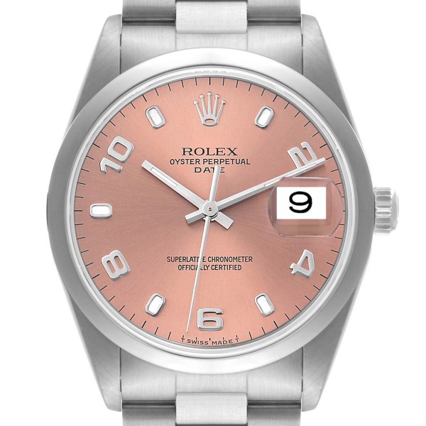 Rolex Date Salmon Dial Smooth Bezel Steel Mens Watch 15200