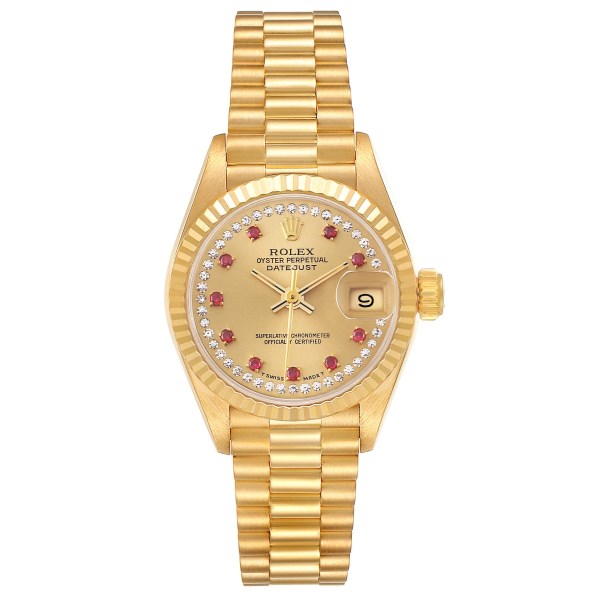 Rolex Datejust President Yellow Gold Diamond Ruby Ladies Watch 69178