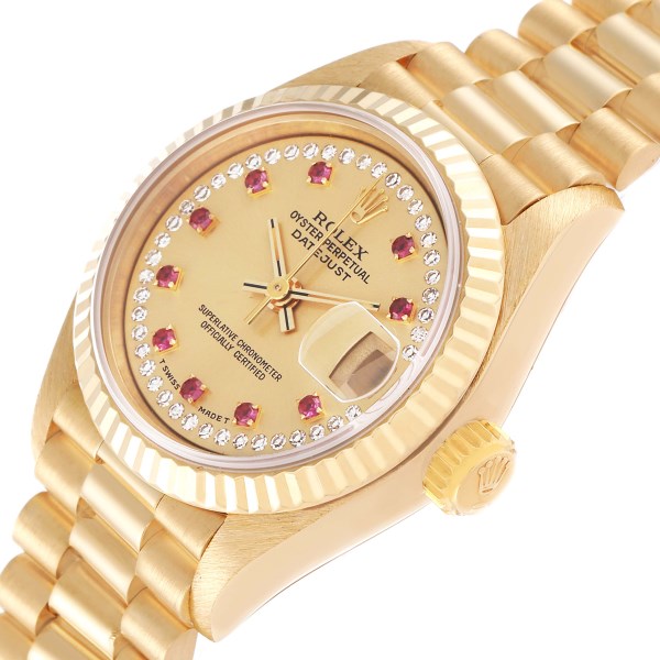 Rolex Datejust President Yellow Gold Diamond Ruby Ladies Watch 69178