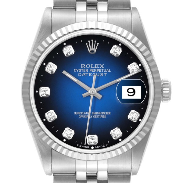 Rolex Datejust Steel White Gold Blue Vignette Diamond Dial Watch 16234 Box Papers