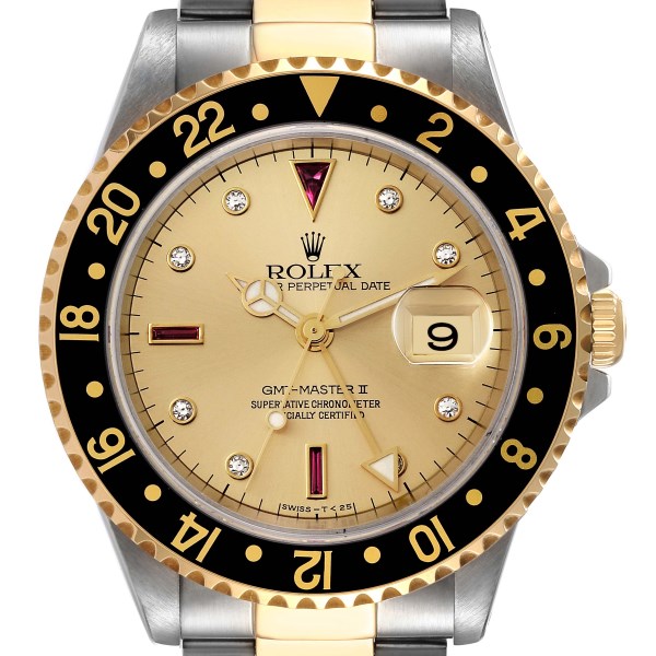 Rolex GMT Master II Diamond Ruby Serti Dial Steel Yellow Gold Mens Watch 16713