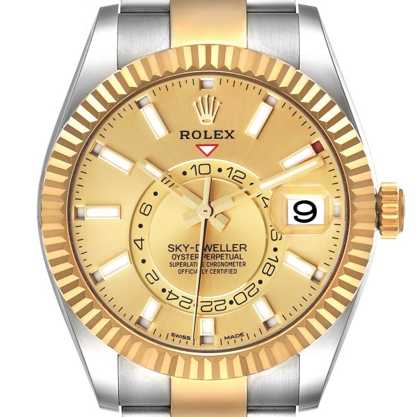 Rolex Sky Dweller Steel Yellow Gold Champagne Dial Mens Watch 326933 Box Card
