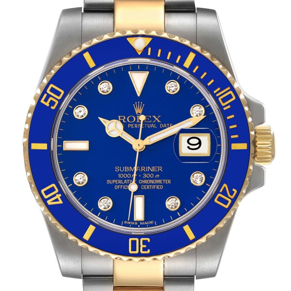 Rolex Submariner Steel Yellow Gold Blue Diamond Dial Mens Watch 116613 Box Card