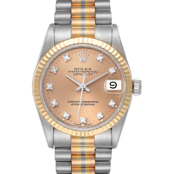 Rolex President Midsize Tridor White Yellow Rose Gold Diamond Ladies Watch 68279