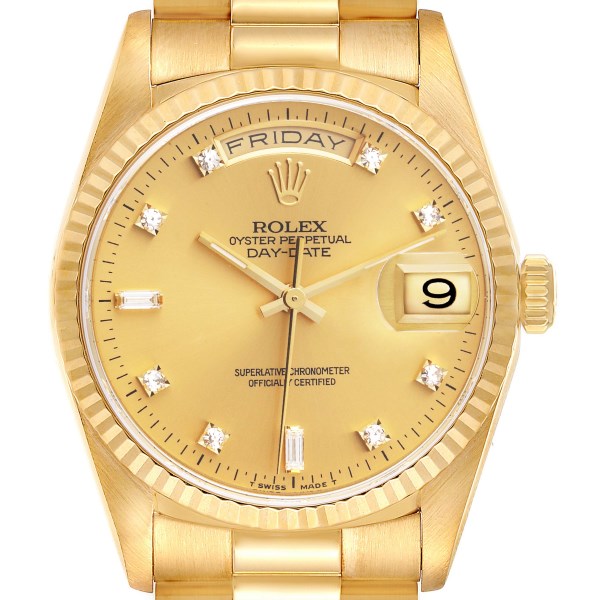 Rolex President Day-Date 36mm Yellow Gold Diamond Mens Watch 18238
