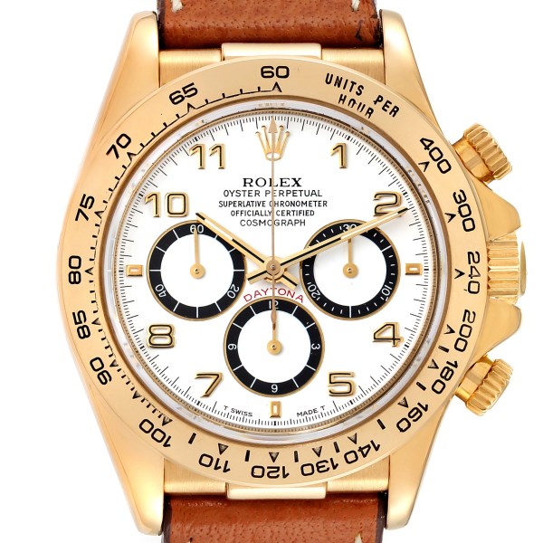 Rolex Daytona White Dial Brown Strap Yellow Gold Mens Watch 16518