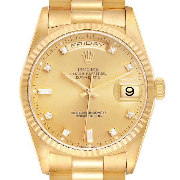 Rolex President Day-Date 36mm Yellow Gold Diamond Mens Watch 18238