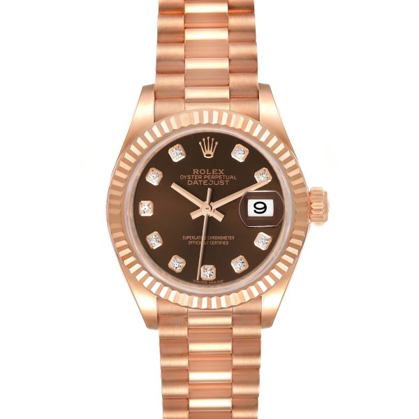 Rolex President 28 Rose Gold Chocolate Diamond Dial Ladies Watch 279175